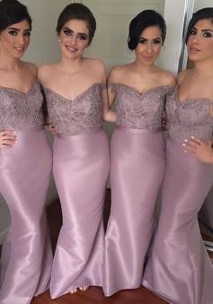 Mermaid Bridesmaid Dress - Pink Off-the-Shoulder Floor Length Beading