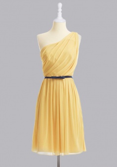 Hot-selling One- shoulder Knee-length Chiffon Belt Bridesmaid Dress