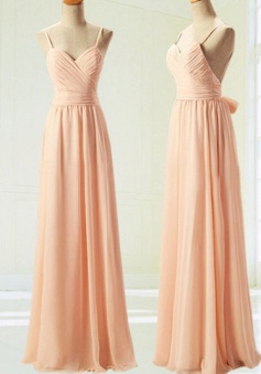 A-Line Spaghetti Straps backless Long Peach Chiffon Prom/Bridesmaid Dress