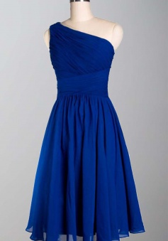 Simple Royal Blue One Shoulder Knee Length A Line Chiffon Bridesmaid Dress CHBD-80054