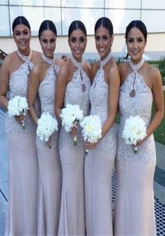 Elegant & Sexy Halter Appliques Champagne Sheath Long Bridesmaid Dresses Formal CHBD-70894