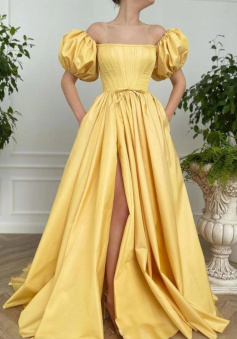 Beautiful Off Shoulder Yellow Satin Long Prom Dresses with High Slit