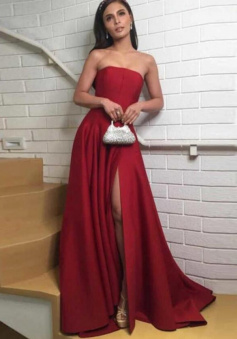Elegant Dark Red Strapless Satin Prom Dresses with High Slit