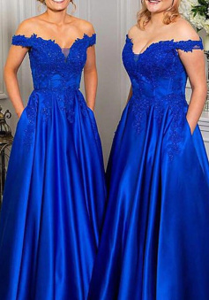 Off Shoulder Royal Blue Lace Long Prom Dresses