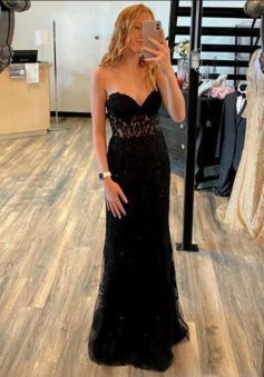 Mermaid Strapless Black Lace Long Prom Dresses