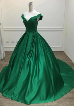 Off Shoulder Green Satin Formal Evening Dresses
