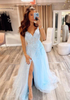 A Line V Neck Blue tulle lace long prom dress