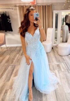 A Line V Neck Blue tulle lace long prom dress