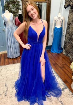 Floor Length Blue tulle long prom dress with split