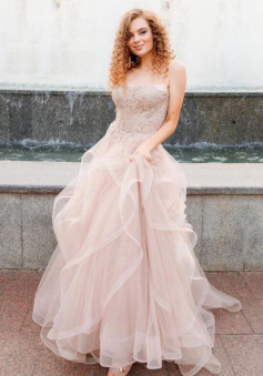 Stylsih Floor Length tulle long prom dress with lace