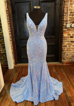 Mermaid Blue sequins long prom evening dress