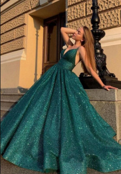 A Line Green v neck sequins long evening gown