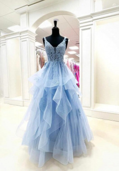 A Line Floor Length Tulle Prom Dress With Lace