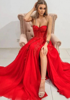 A Line Sweetheart tulle red lace long prom dress