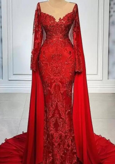 Vintage Red Evening Dresses Arabic Aso Ebi Luxurious Prom Gowns With Long Sleeves