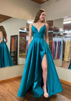 A Line Blue Satin long prom dress