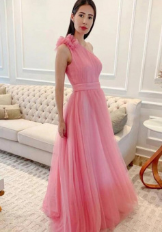 A Line one shoulder tulle long pink prom dress