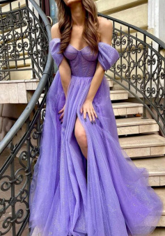 A line Purple tulle sequins long evening dress