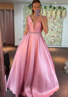 A Line Pink Satin Long prom dress
