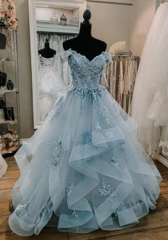 Off Shoulder Floor Length Blue tulle lace formal dress