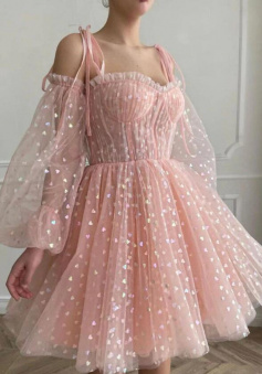 A line Pink tulle short prom dress