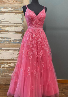 Floor Length Pink lace long prom dress with sequin