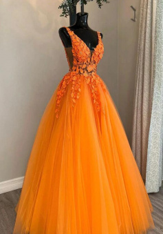A line Orange tulle lace long evening dress