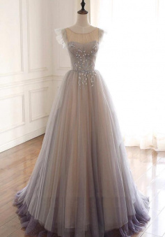 A Line Cute tulle sequins long prom dress