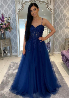 Floor Length Blue Tulle Lace Prom Dress