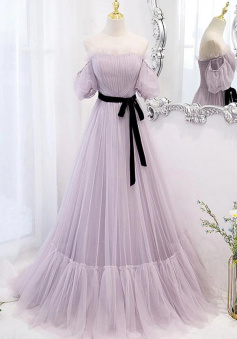 A line Purple tulle evening dress
