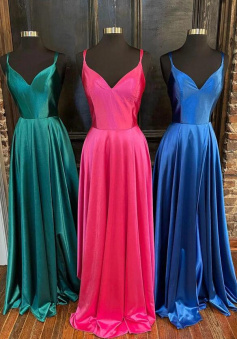 Simple A line v neck satin long prom dress