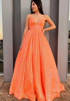 Orange sequins A line evening dress