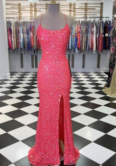 Spaghetti Straps Pink Sequin Prom Dress with Slit