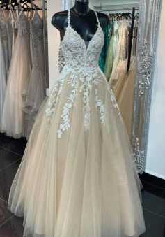 Champagne tulle lace long prom dress
