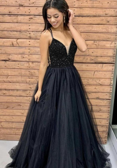 A Line Black tulle long prom dress with sequin top
