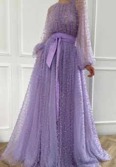 Charming Beaded Tulle Prom Dress Shiny Formal Dress with Long Sleeves