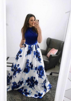 Floor Length Royal Blue Satin Floral Print Prom Dress