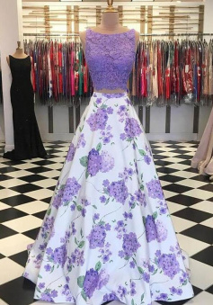 Two Piece Satin Long Prom Dress With Lace Top