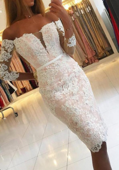 Off Shoulder Sheath 3/4 Sleeve Short Lace Prom Dress