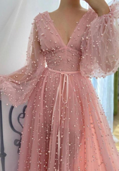 Dusty Rose Long Prom Dress Beaded With Long Sleeves