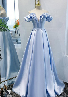 Off The Shoulder Blue Satin Prom Dress