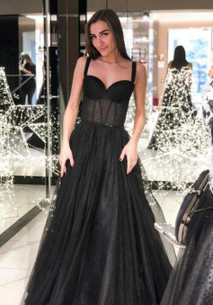 Sweetheart Black Dot Tulle Long Evening Dress