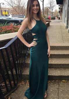 Sheath Dark Green Satin Long Prom Dress