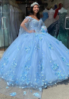 Vintage Baby Blue 3D Floral Flowers Ball Gown Quinceanera Dresses