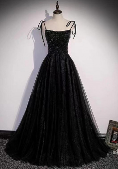 Spaghetti strap black tulle prom dress with sequin top