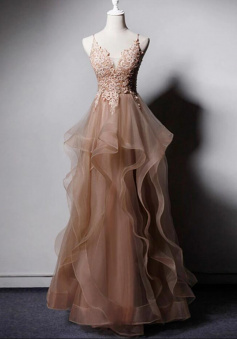 A Line v neck tulle lace long prom dress