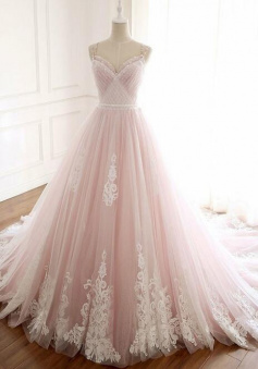 Spaghetti Straps Pink Court Train Prom Dress with Lace Appliques