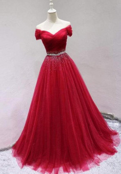 Off The Shoulder Tulle Long Prom Dress With Beading