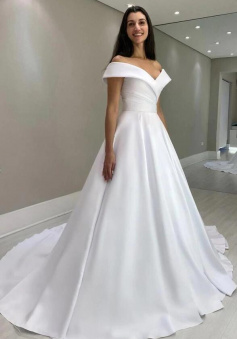 Mermaid Off Shoulder satin long white wedding dress