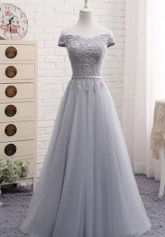 Off shoulder A-line Grey senior prom dress